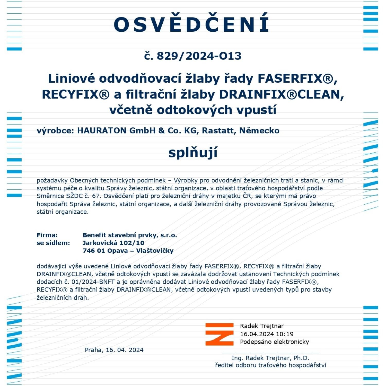 Osvědčení správy železnic